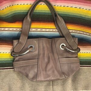 B Makowski Taupe Leather Handbag w Silver-Tone Trim